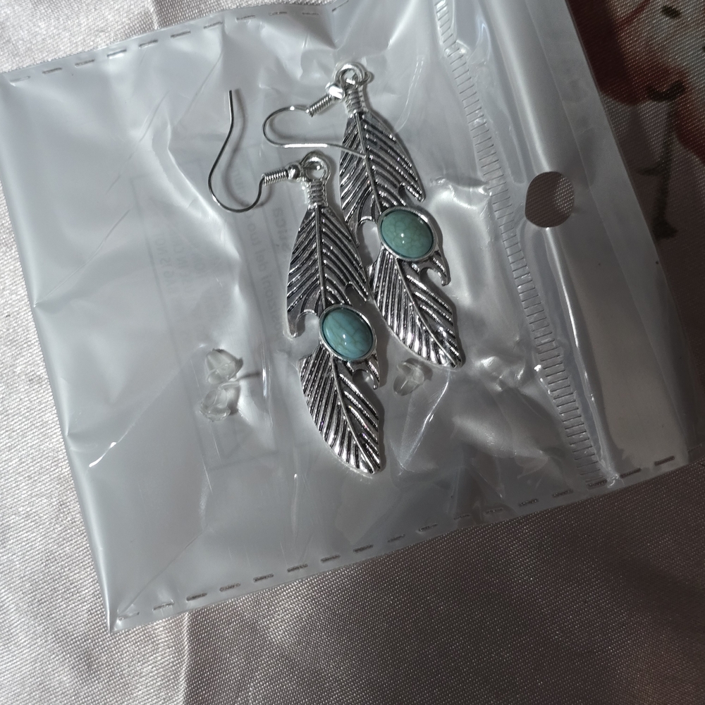 Silver Feather Earrings with Turquoise Accents